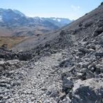 der Pfad zieht sich nun an der Ostflanke des Piz Umbrail im Kalkschutt weiter abwärts