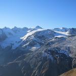 vom Sattel aus geniessen wir eine prachtvolle Aussicht auf den Stelvio-Gletscher mit seinen vielen Gipfeln...