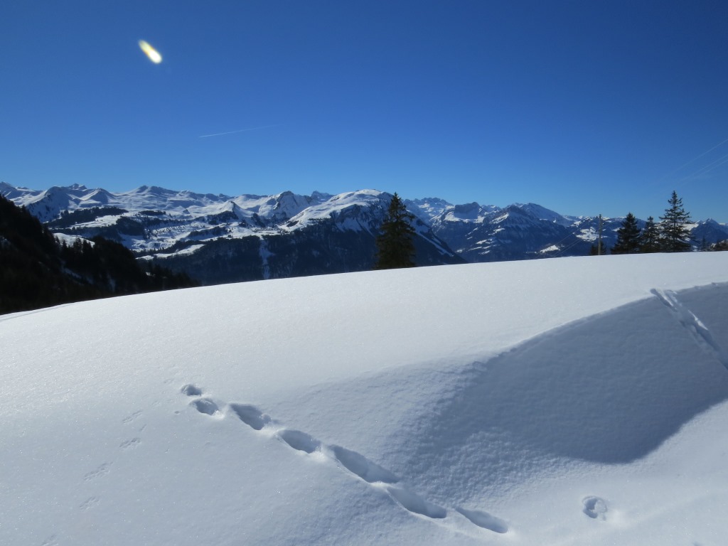 über Schneeverwehungen geht es abwärts