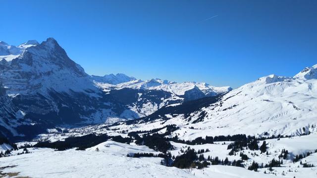 das Dorf Grindelwald im Tal unten liegt bis gegen Mittag noch teilweise im Schatten