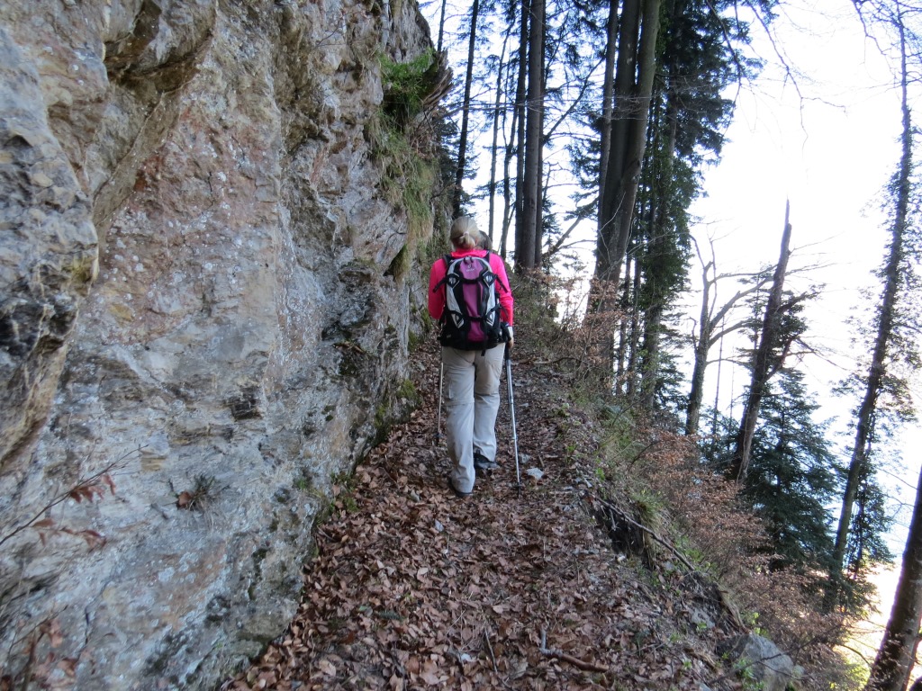 schmal führt er im abschüssigen Wald um die Felswände herum