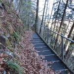 wir überqueren eine Eisenbrücke die in der senkrechten Felswand verankert ist