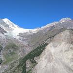 links gut ersichtlich das Weisshorn. Rechts der Bergsturz von Randa