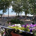 Blick von der Hotelterrasse auf den Strand des Lago di Bolsena