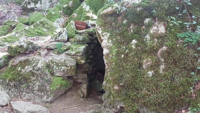 bei einer Ansammlung etlicher moosbewachsener Felsen ist eine höhlenartige Felsspalte zu sehen...