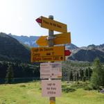 Wegweiser beim Lagh da Val Viola. Weiter geht es Richtung Pass da Val Viola