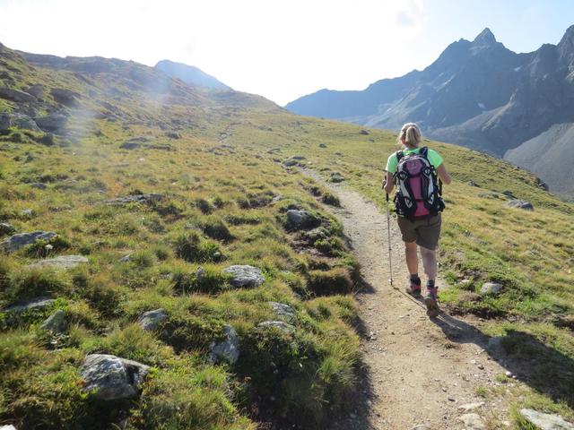 ...führt der Weg breit und bequem am Hang Tschimas da Muottas entlang,...