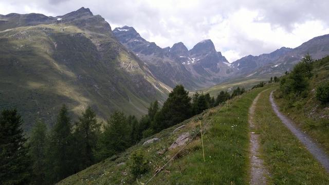 ...auf die beiden markanten Zähne des Grossen und des Kleinen Piz Buin zu