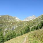 vor uns taucht in der Bildmitte die Chamonna dal Linard auf. Direkt oberhalb Piz Linard. Links der Piz Glims