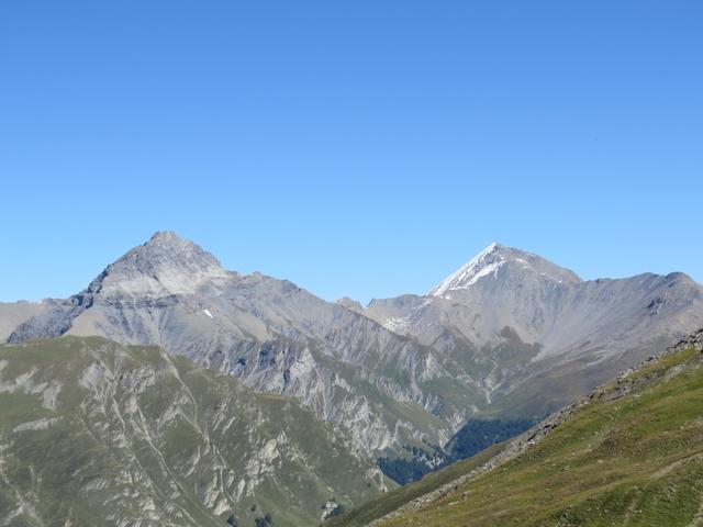 im Hintergrund dominieren zwei Gipfelpyramiden das Bild: links der Piz Tschütta, rechts der geröllübersäte...