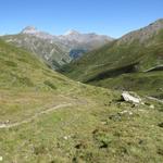 bei Plan Tiral 2373 m.ü.M. führt der Weg vom Bach weg und als bequemer Wiesenpfad nur noch sanft bergab