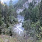 der schmale Weg führt hinunter ins Val Sinestra und in die wilde Schlucht der Brancla