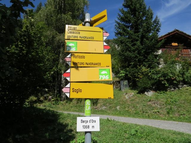 auf der Lichtung Barga d'Ora 1367 m.ü.M. mit ihren paar Häuschen passieren wir einen Abzweig ins Val Furcela...