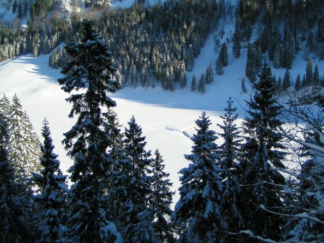 Blick auf den zugefrorenen Sämtisersee