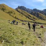 viele Wanderer stehen am Weg, bewaffnet mit Ferngläsern, Fotoapparaten und verschiedensten Teleobjektiven