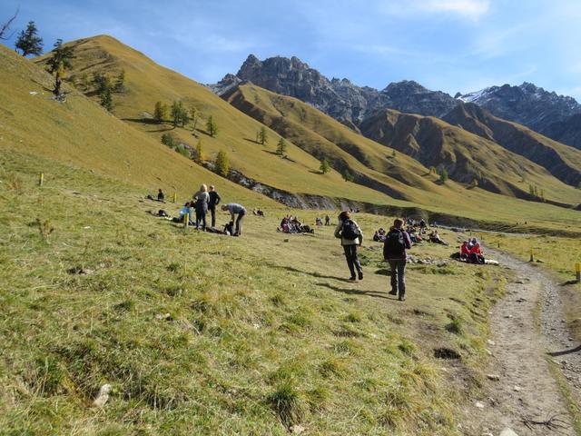 viele Wanderer stehen am Weg, bewaffnet mit Ferngläsern, Fotoapparaten und verschiedensten Teleobjektiven