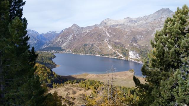 wir blicken hinunter zum Silsersee. Links am Seeende gut ersichtlich Maloja