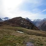 links das Val Fex mit dem Tremoggia Gletscher, rechts ds Val Fedoz mit dem Fedoz Gletscher