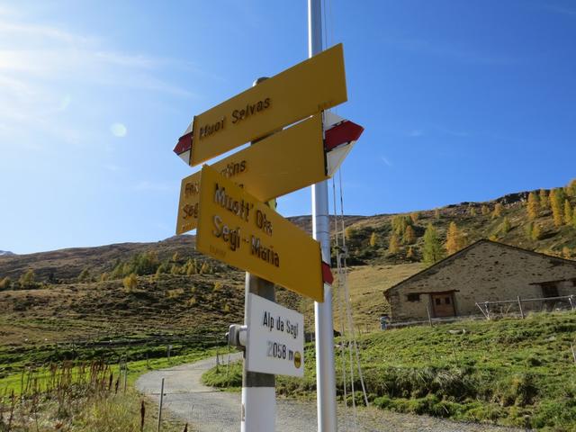 Wegweiser auf Alp da Segl 2058 m.ü.M. Hier biegen wir rechts ab Richtung Alp Muot Selvas