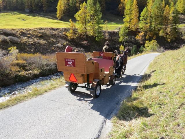 unter lautem Bimmeln und Getrappel überholen uns Pferdekutschen, die Touristen hinunter nach Sils-Maria fahren