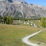 von der Kirche folgen wir der Strasse und biegen dann in den Wiesenpfad Richtung Segl-Maria ein