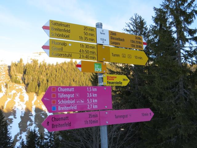Wegweiser bei der Bergstation Turren 1520 m ü.M.