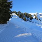 von der Bergstation Turren, folgen wir leicht ansteigend, die markierte Schneeschuhroute Richtung Schönbüel