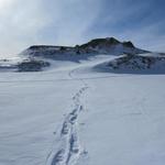ein Blick zurück offenbart unsere Spur im Schnee