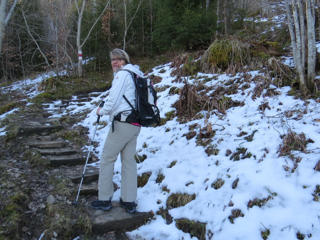 über einen Treppenweg, auf dem noch Schnee liegt, steigen wir nun steil durch den Wald aufwärts