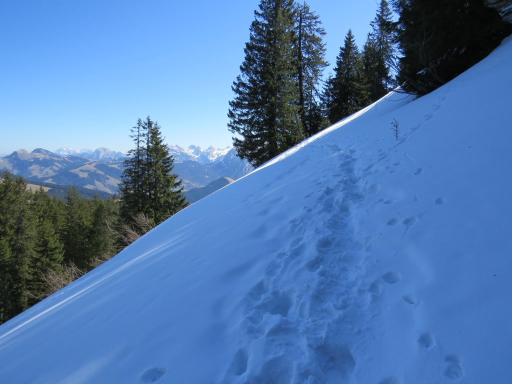 die Nordseite des Gschwändstock ist von pickelhartem, vereistem Schnee überzogen
