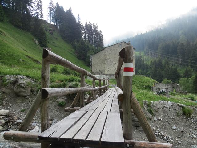 über eine Holzbrücke überqueren wir eine Bachrunse die vom Piz dal Sasc herunterzieht