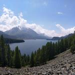 kurz vor Sils blicken wir noch einmal auf den Silsersee mit dem Piz de la Margna
