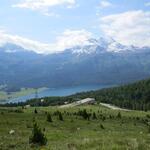 Blick über die Julierpassstrasse und Silvaplanersee zur Fuorcla Surlej