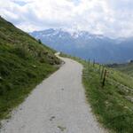 über eine Schotterstrasse wandern wir gemütlich Richtung Corviglia