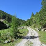 kurz darauf überquert die Kiesstrasse einen kleinen Bach und zieht danach dem rechten Ufer folgend weiter bergauf