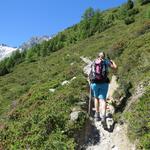 hinter dem Alpgebäude verlassen wir die Alpstrasse und wandern nun...