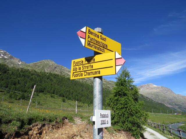 bei Pradatsch 2080 m.ü.M. erreichen wir eine Abzweigung. Rechts abbiegend geht es zur Alp Bernina