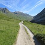 immer auf der orographisch rechten Seite der Ova da la Val da Fain folgen wir dem Weg weiter ins Tal hinein
