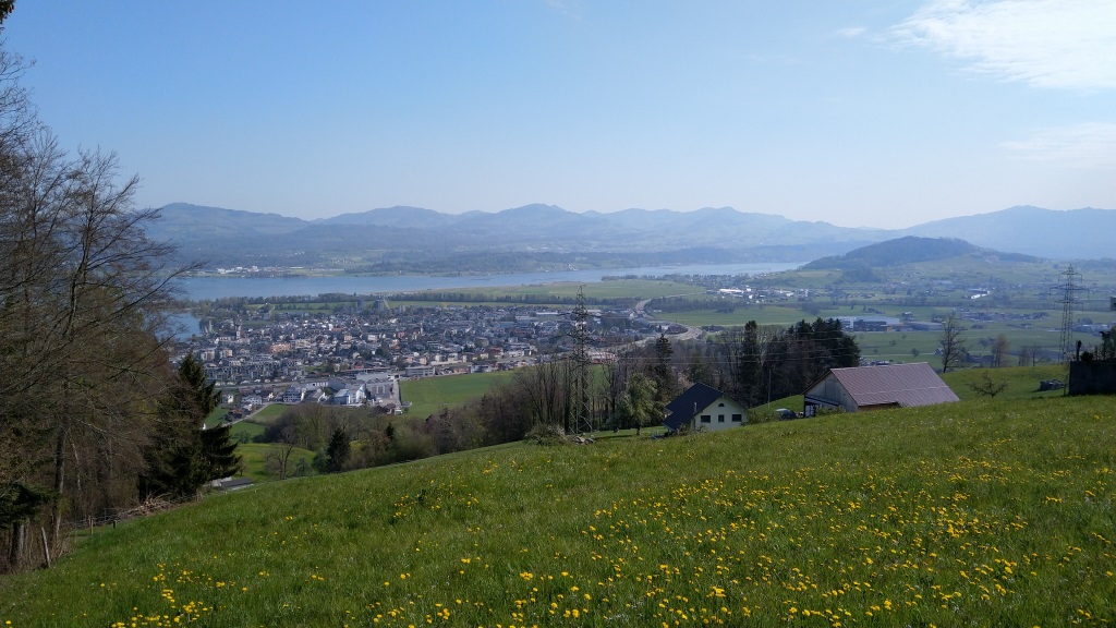 die Aussicht wird dafür aber immer grandioser. Hier blicken wir auf Lachen und den Obersee