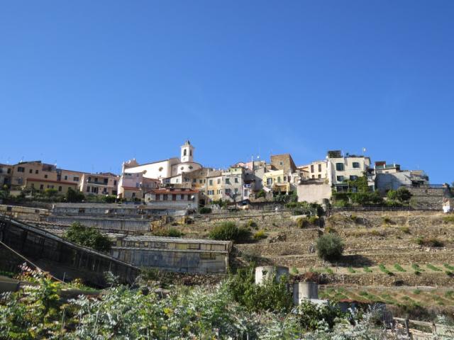 links von uns erheben sich die Häuser von Poggio di Sanremo in den Himmel