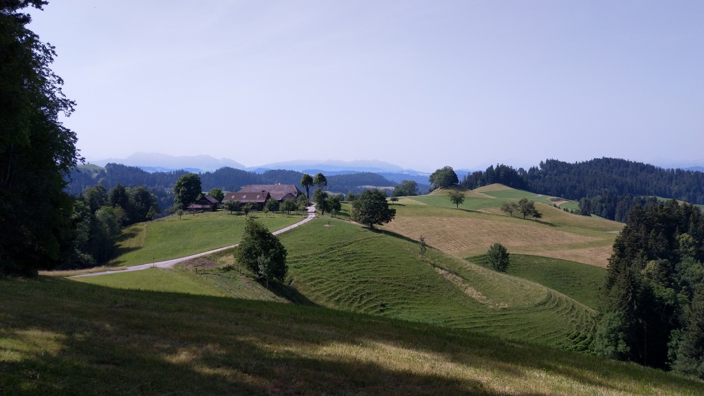 wir blicken auf verstreute Bauernhöfe hier auf Obere Hollern