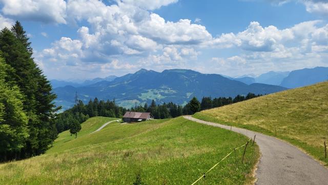 über eine kleine Teerstrasse, verlassen wir nach der Pause das Alpengasthof "Brüggele"