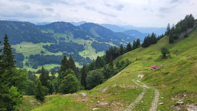 wir blicken hinunter zu den Gebäuden der Südliche Lauch-Alpe und ins Lecknertal