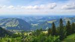 ...und geniessen die super schöne Aussicht über die grünen Allgäuer Hänge in Richtung Oberstaufen