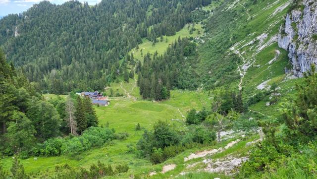 vom Übergang ist gut die Untere Hausstattalm mit der Tutzinger Hütte ersichtlich