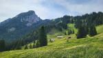 wir blicken zur Aiblinger Hütte mit seinen Alpgebäuden. Dahinter der Wendelstein