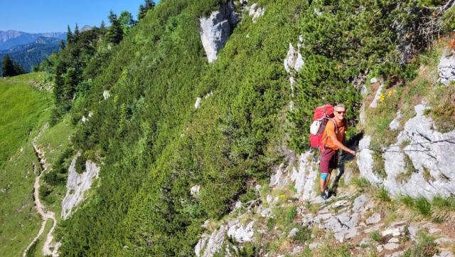 der Maximilianweg quert die steile Bergschulter der Kampenwand. Dieses Teilstück ist mit einem Seil gesichert