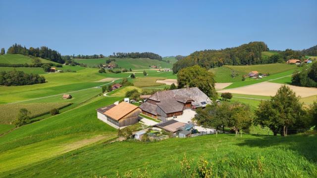 wir blicken zum Bauernhof von Schiltberg zurück, wo wir eine Kaffeepause eingelegt haben