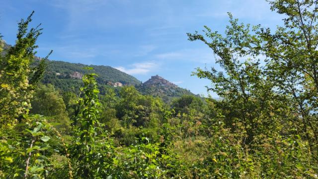 links von uns auf der anderen Talseite, erhebt sich das historische Zentrum von Roviano mit mittelalterliche Burg
