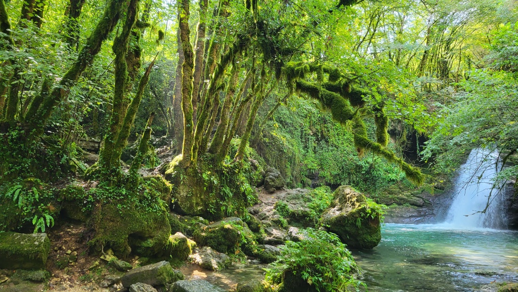 mit jedem Schritt wächst das Rauschen, bis sich vor uns der smaragdgrüne See mit dem Wasserfall öffnet